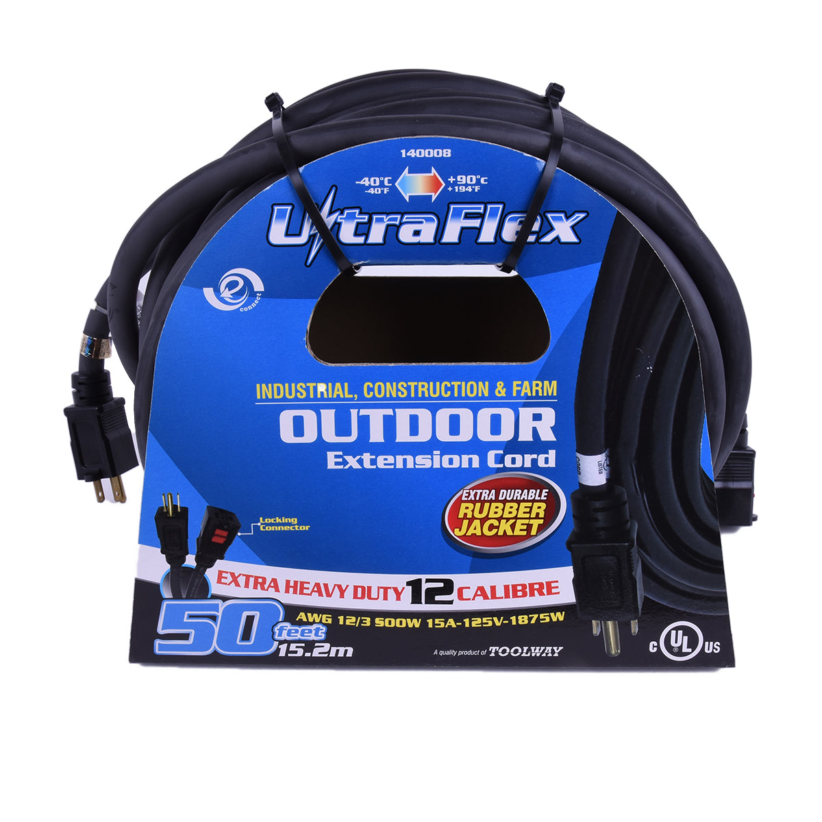 FlexiCord 140008 Extension Cord Outdoor SEOOW 12/3 Single Tap Black Rubber 50ft