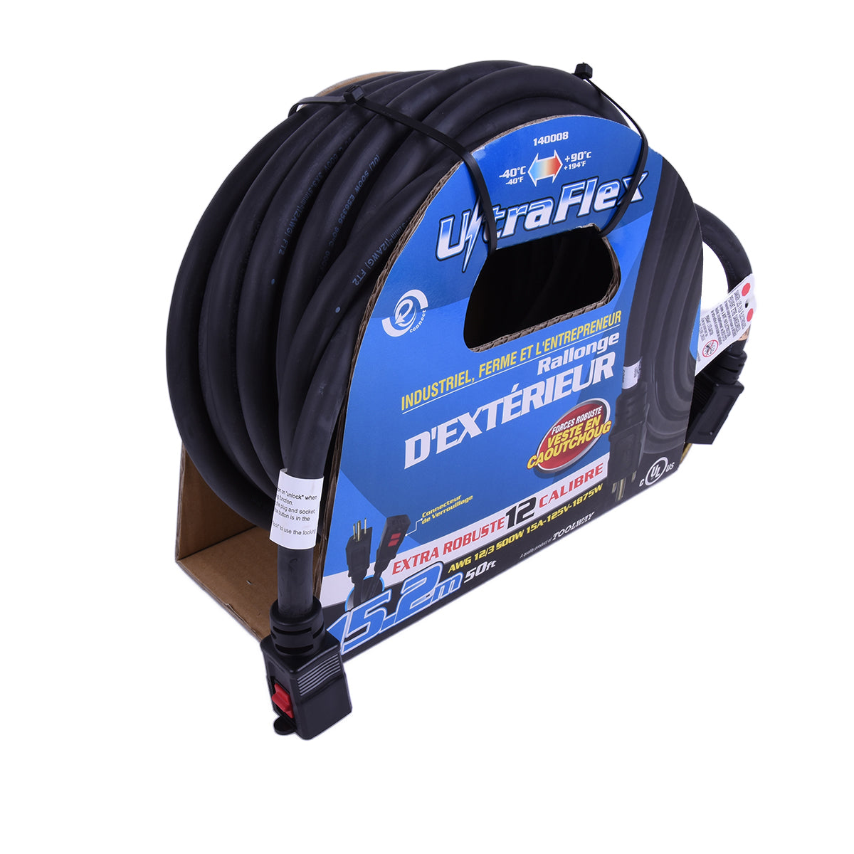 FlexiCord 140008 Extension Cord Outdoor SEOOW 12/3 Single Tap Black Rubber 50ft