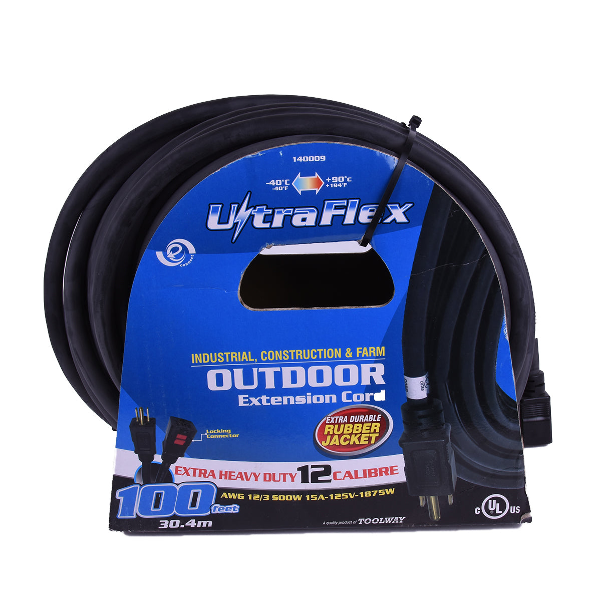FlexiCord 140009 Extension Cord Outdoor SEOOW 12/3 Single Tap Black Rubber 100ft