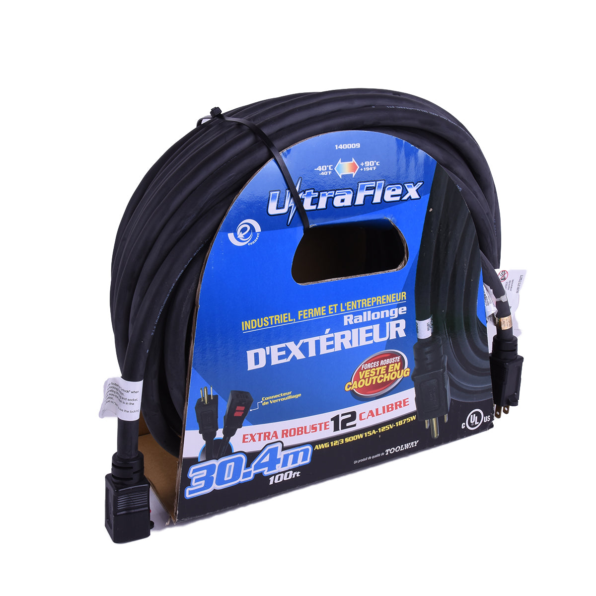 FlexiCord 140009 Extension Cord Outdoor SEOOW 12/3 Single Tap Black Rubber 100ft