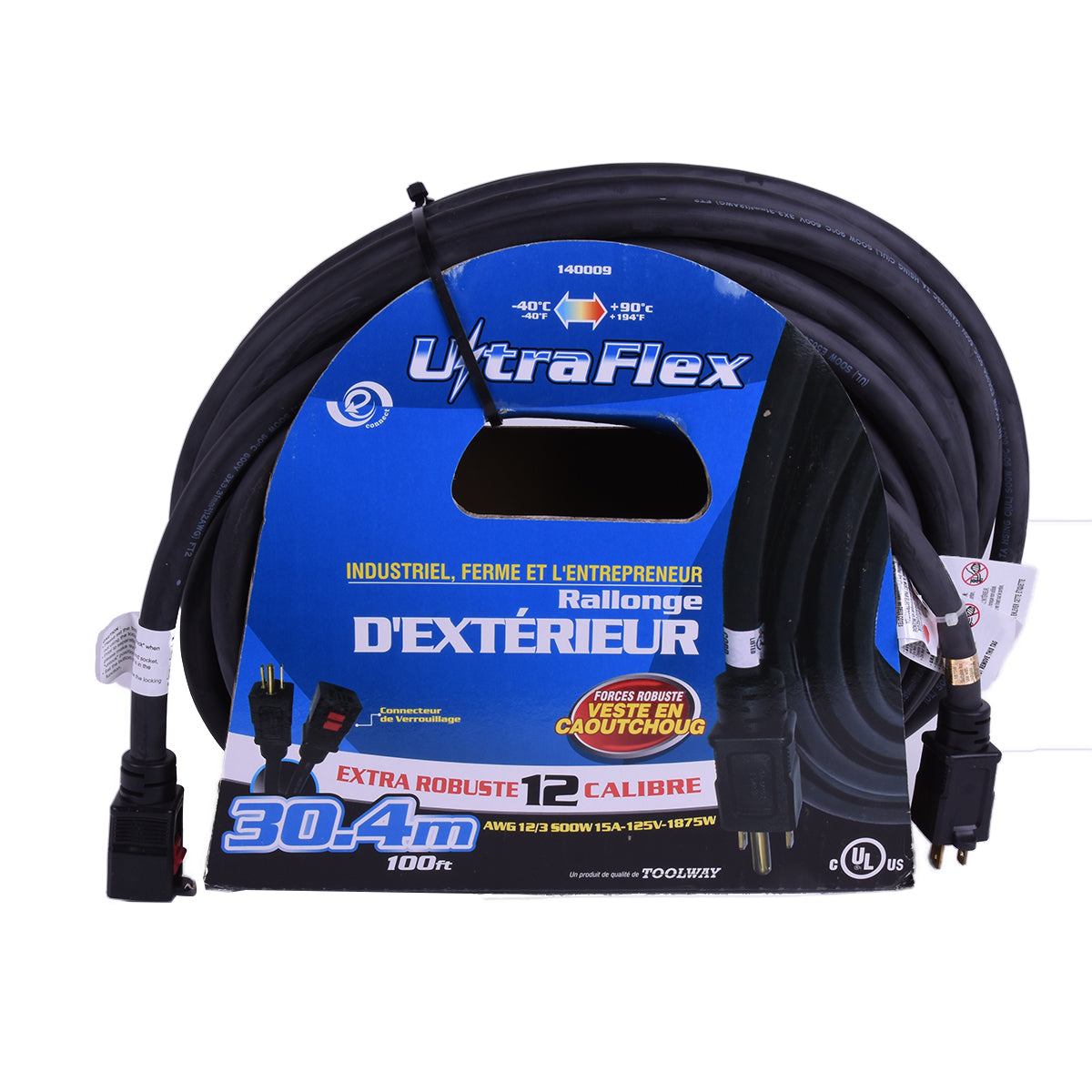 FlexiCord 140009 Extension Cord Outdoor SEOOW 12/3 Single Tap Black Rubber 100ft