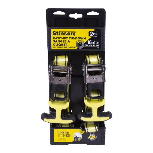 Stinson Cargo 406172 2PK Tie Down Ratchet Strap T-Handles+J-Hooks 1¼in x 16ft 830lb