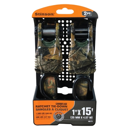 Stinson Cargo 406178 2PK Tie Down Ratchet 1in x 15ft 500lb Camouflage
