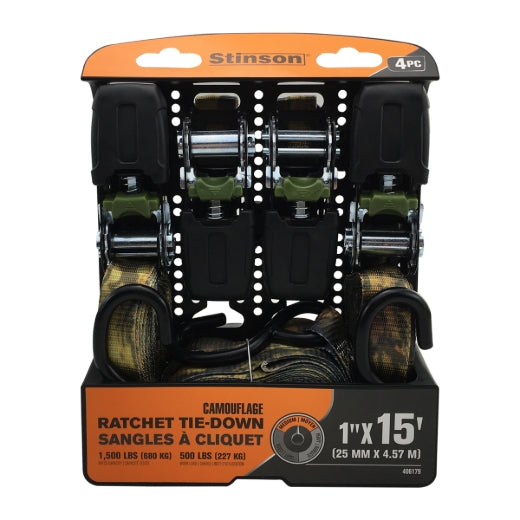 Stinson Cargo 406179 4PK Tie Down Ratchet 1in x 15ft 500lb Camouflage