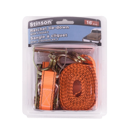 Stinson Cargo 406392 Tie Down Ratchet Strap with J-Hooks 1in x 16ft 800lb