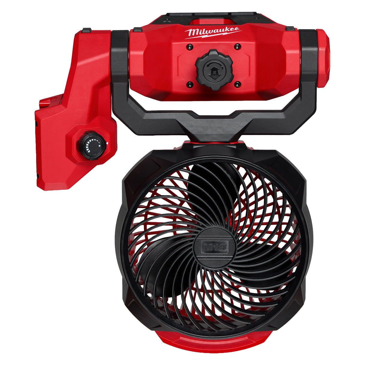 Red and black Milwaukee fan on a white background