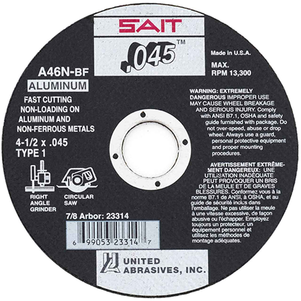 SAIT 4-1/2" x .045 Cut Off Wheel for Aluminum
