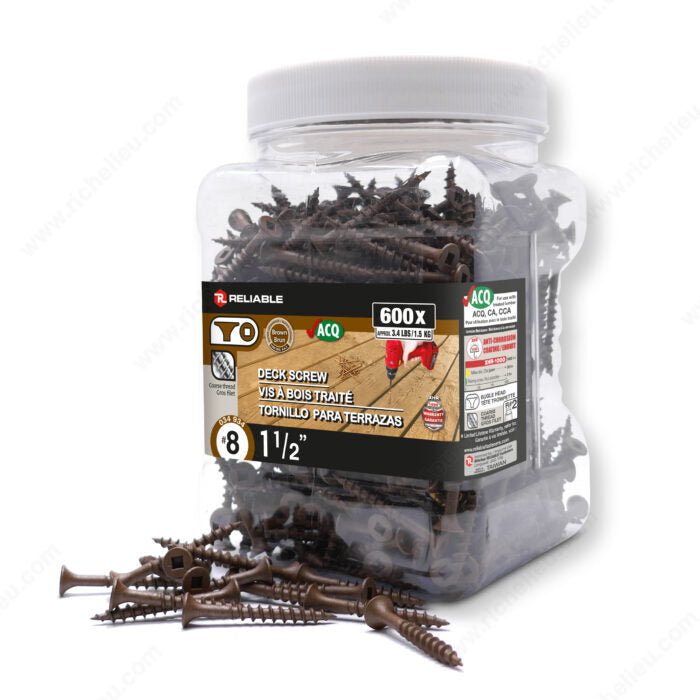 RELIABLE 8 x 1-1/2" Brown Treated Wood Screw, Bugle Head, Square Drive, Coarse Thread - 600pcs