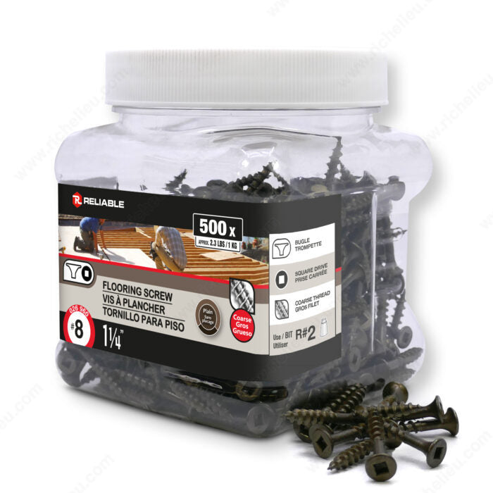 RELIABLE 8 x 1-1/4" Plain Floor Screw, Bugle Head, Square Drive, Coarse Thread - 500pcs
