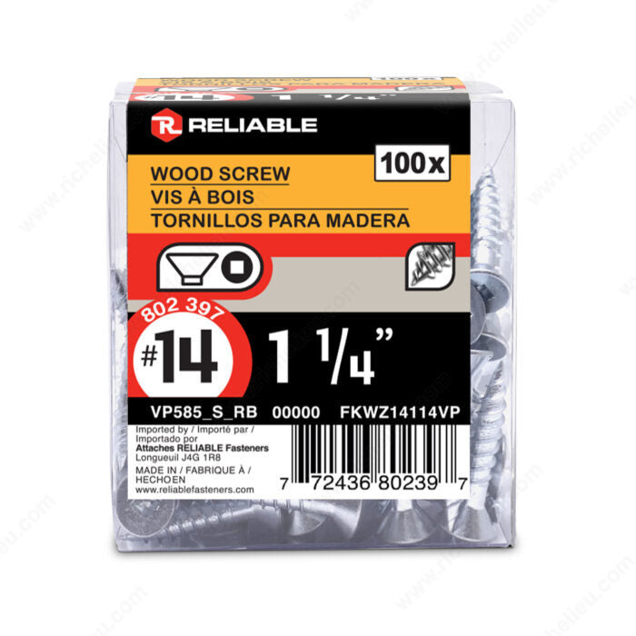 RELIABLE 14 x 1-1/4" Flat Head Wood Screw - 100pcs