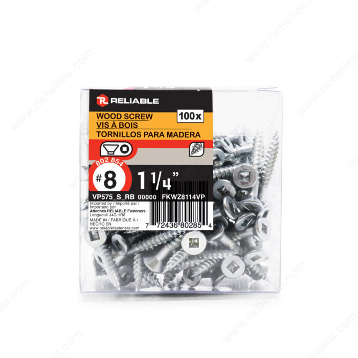 RELIABLE 8 x 1-1/4" Flat Head Wood Screw - 100pcs