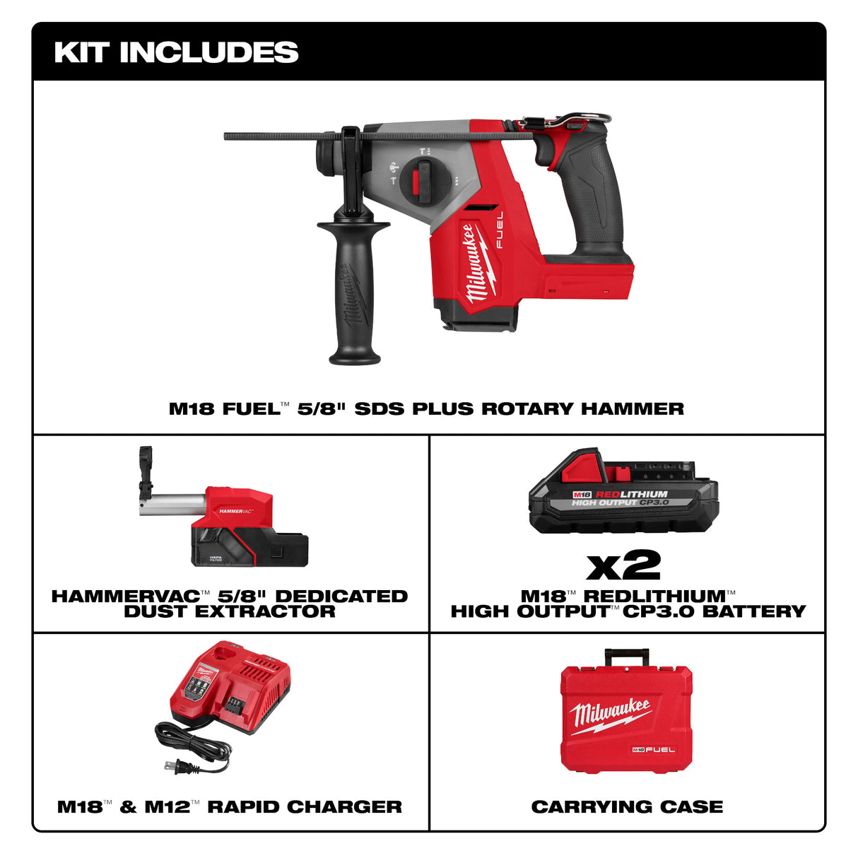 Milwaukee 2908-22DE M18 FUEL™ 5/8" SDS Plus Rotary Hammer w/ Dust Extractor Kit