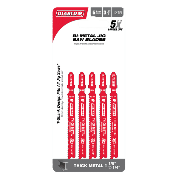 DIABLO DJT121BF5 3-3/8" 12TPI Bi-Metal Jig Saw Blades for Thick Metal (5-pk)