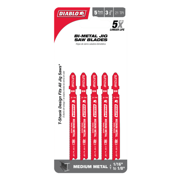 DIABLO DJT121AF5 3-5/8" 21TPI Bi-Metal Jig Saw Blades for Medium Metal (5-pk)