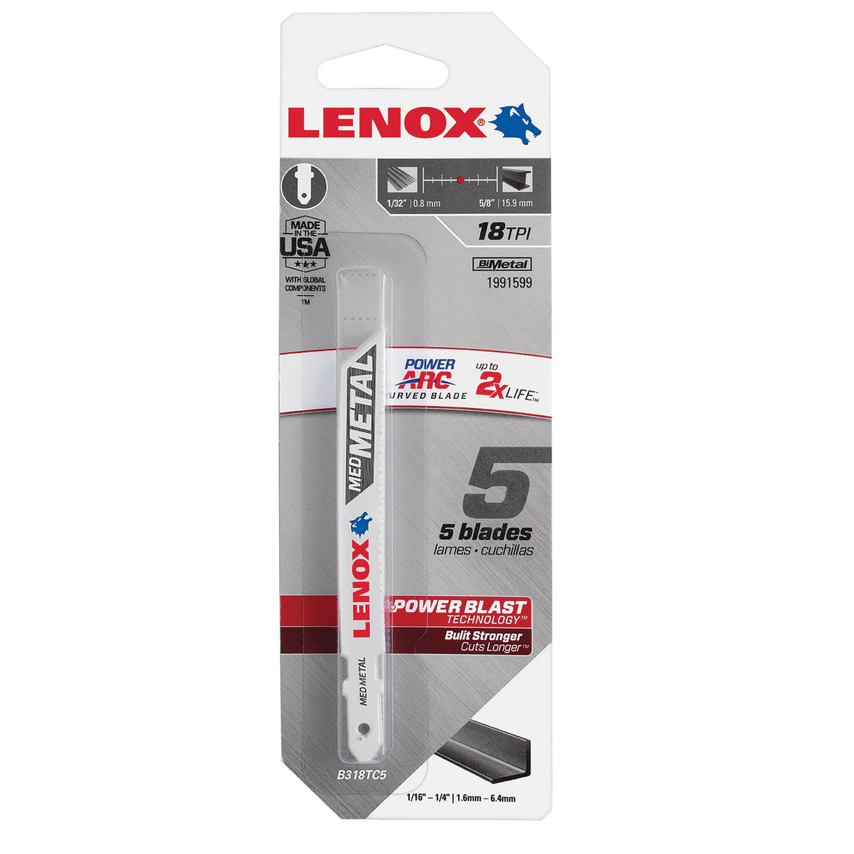 LENOX 1991599 Power Arc® Curved Metal Cutting Jig Saw Blade 92 x 1 0x 0.9 18TPI 5/PK