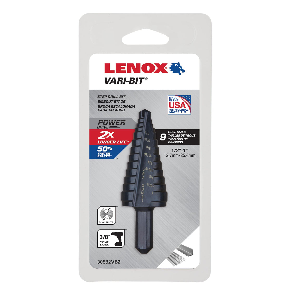 LENOX 30882VB2 0.38 in Vari Bit Step Drill Bit - 1/2"-1"