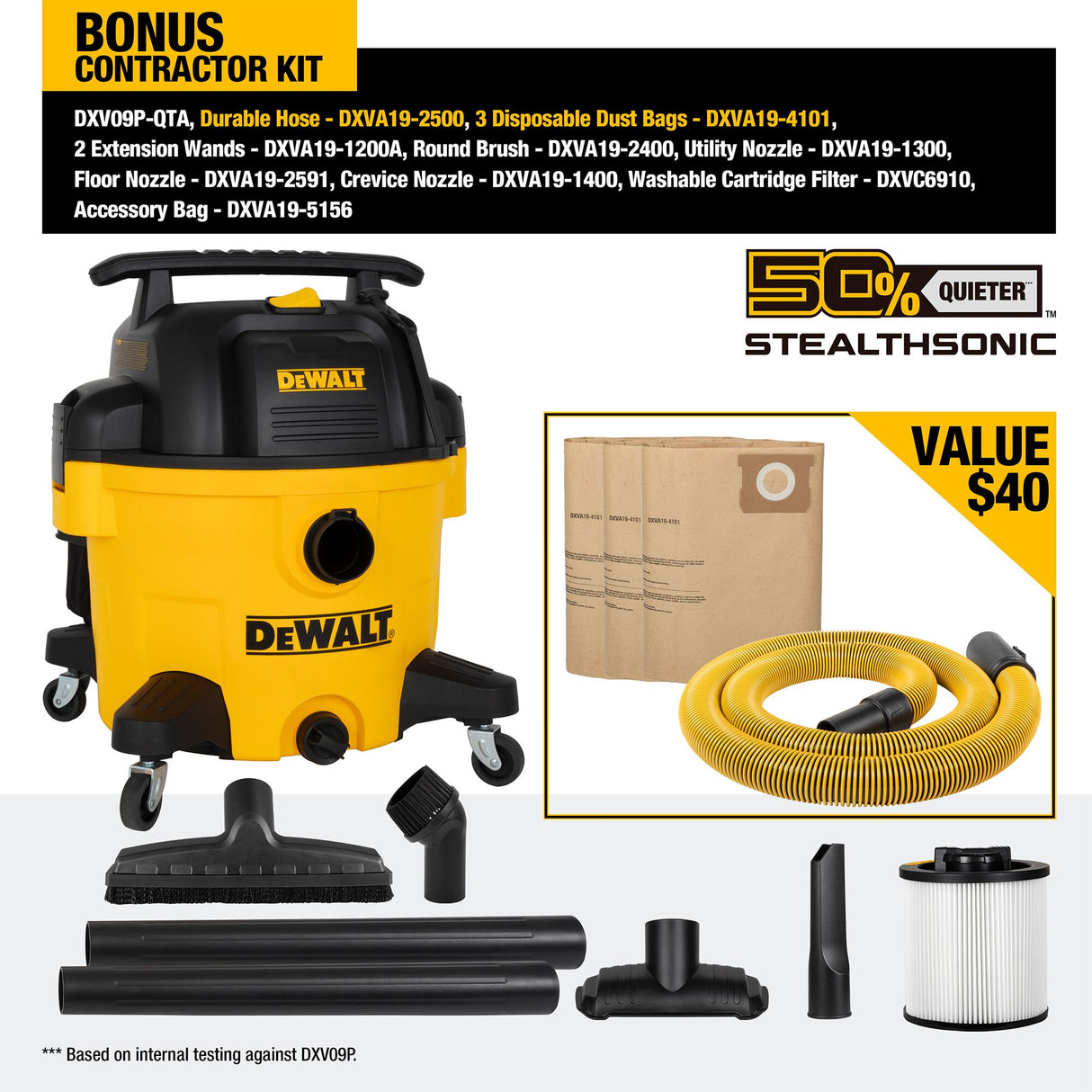 DEWALT DXV09PQTA 9 Gallon 5.0 PHP STEALTHSONIC QUIET VACUUM