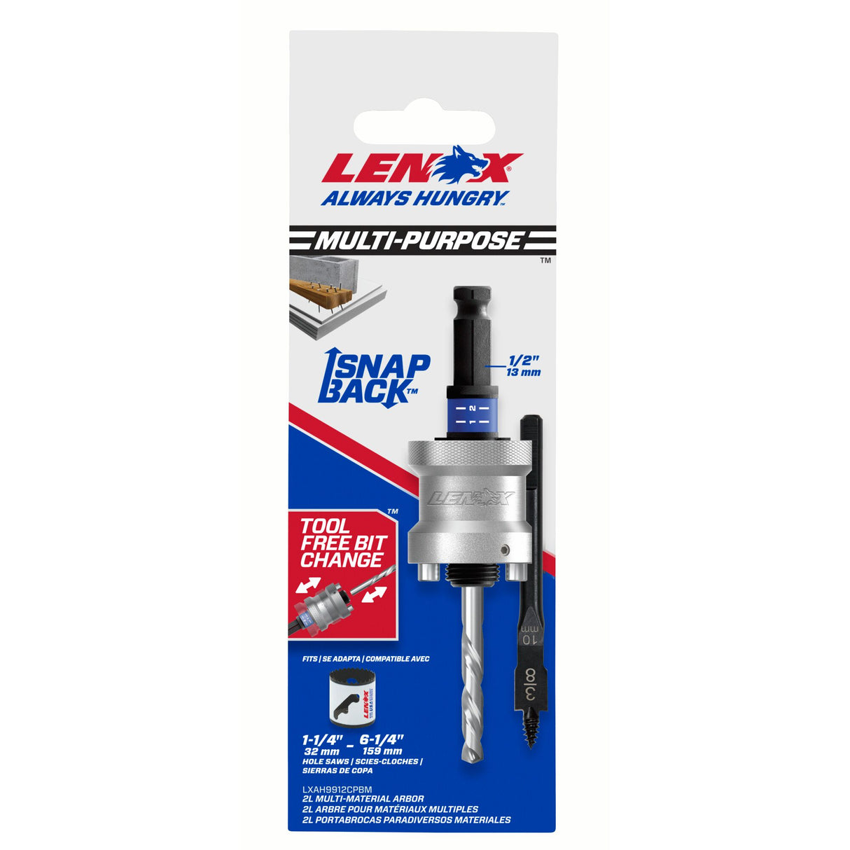 LENOX LXAH9912CPBM SNAP-BACK® Quick Change Hole Saw Arbors 2L 13mm 31.8 - 158.8mm