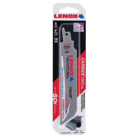 LENOX LXAR6110CT 6 in. x 1 in. LAZER CT™ 10 TPI Carbide Tipped Reciprocating Saw Blades (5 PK)