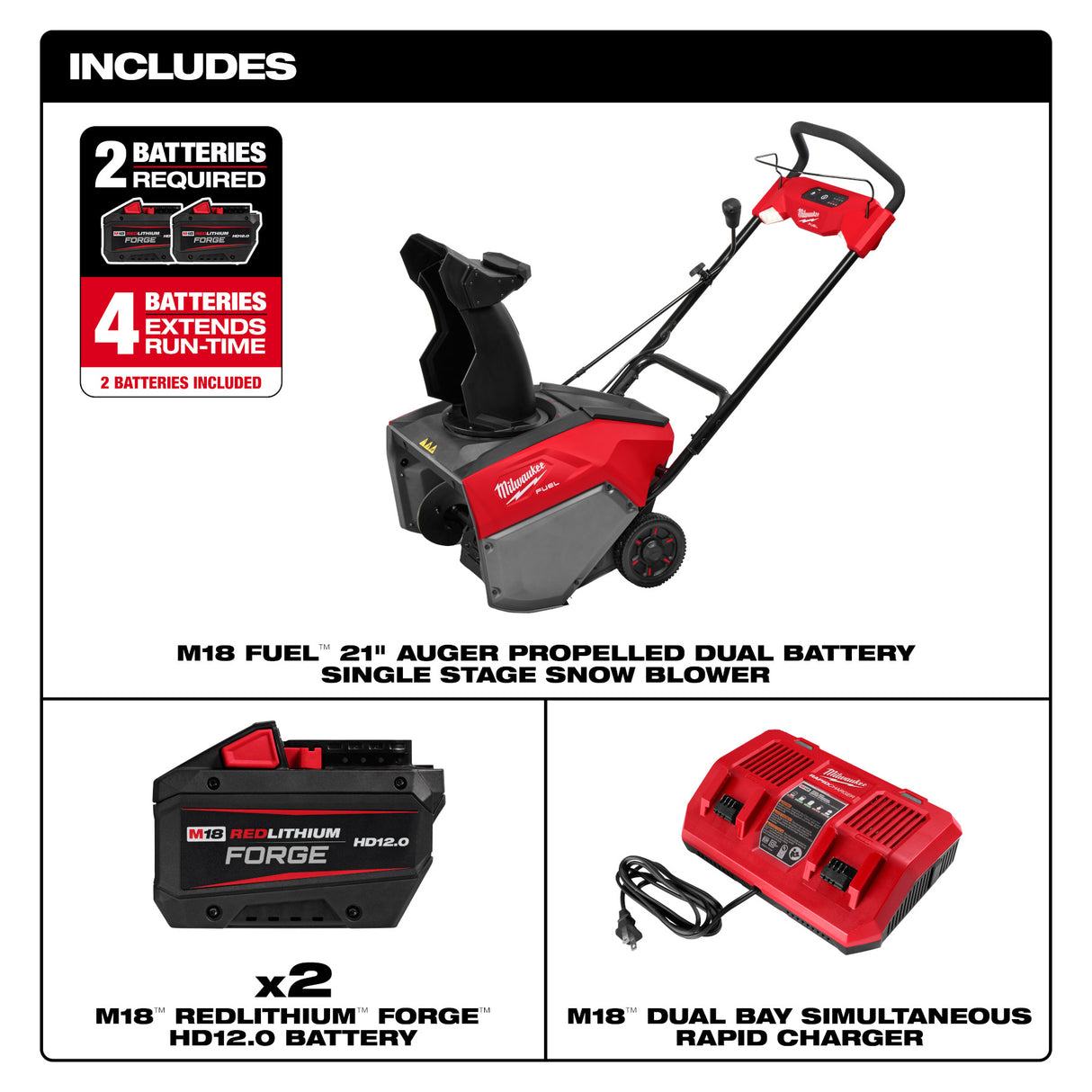 Milwaukee 3036-22HD M18 FUEL™ 21" Auger Propelled Dual Battery Single Stage Snow Blower Kit