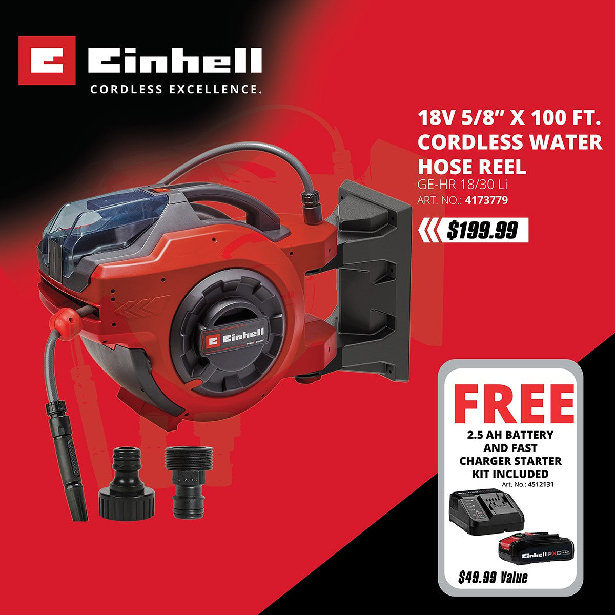EINHELL GE-HR18/30LI 18V 5/8” x 100 ft. Cordless Water Hose Reel With Bonus Battery & Charger