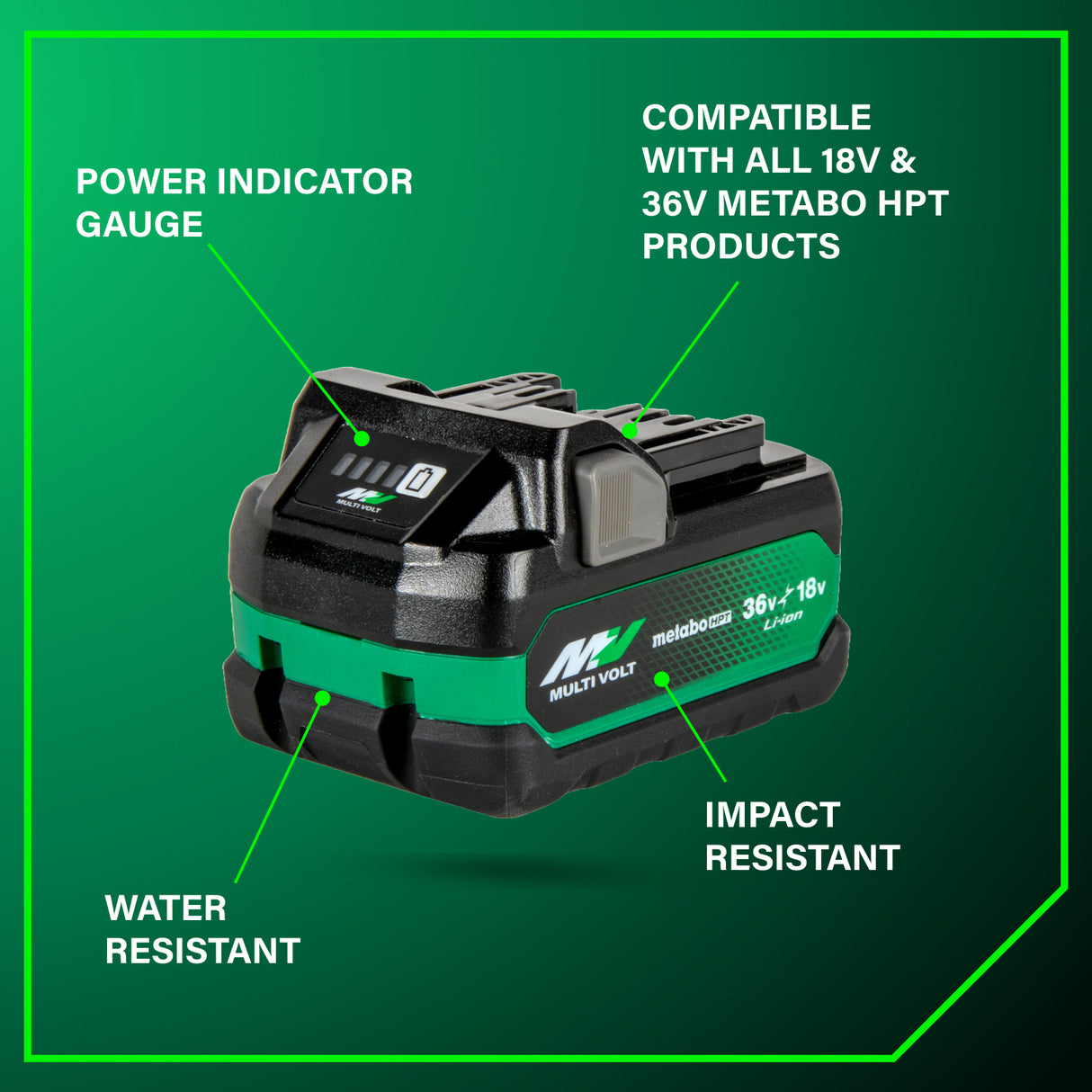 metabo HPT 382309M 18V/36V (5.0Ah/2.5Ah) MultiVolt™ Lithium Ion Water & Impact Resistant Battery