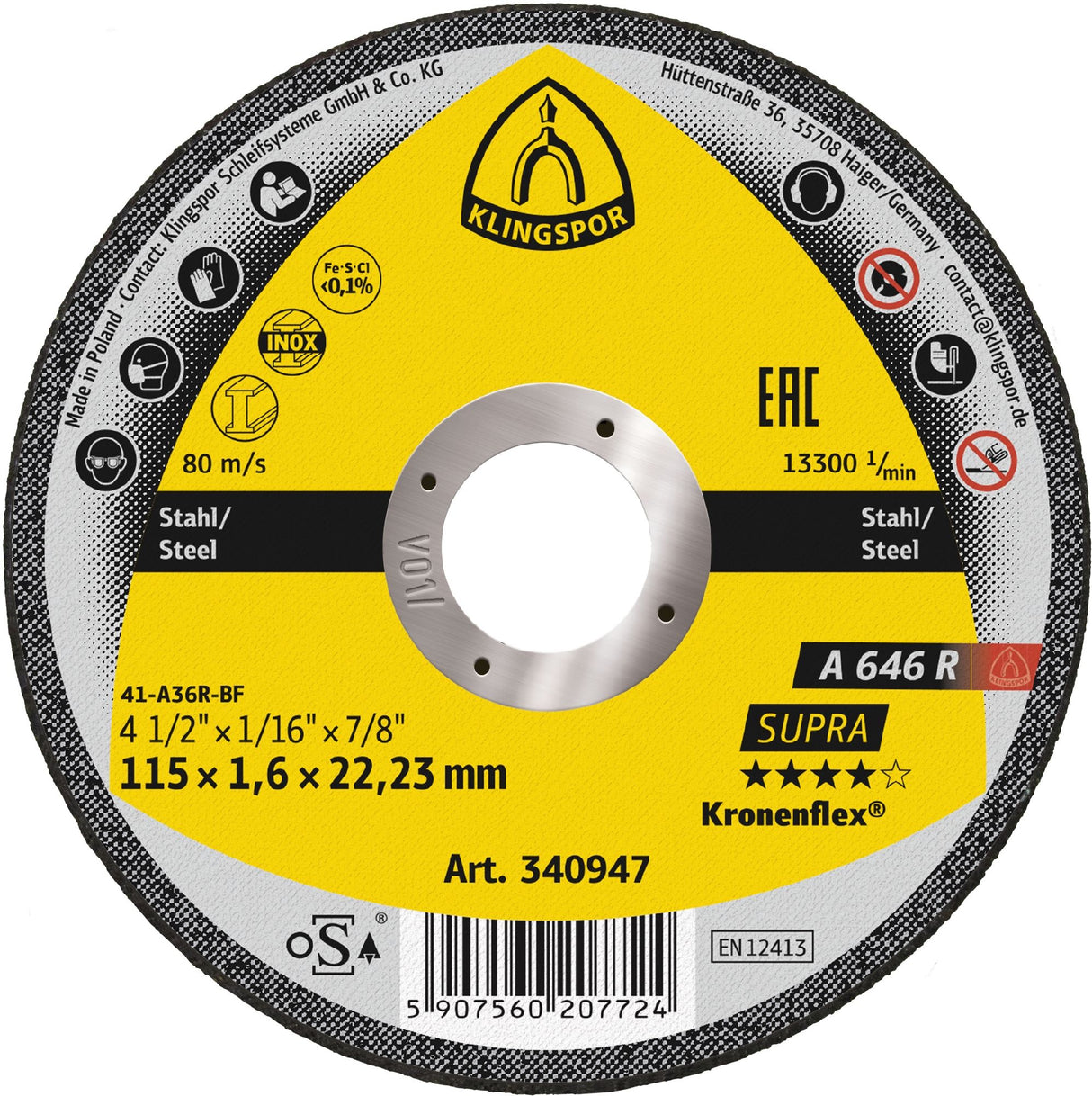KLINGSPOR 340947 4-1/2" x 1/16" x 7/8" Steel Cut-Off Blade