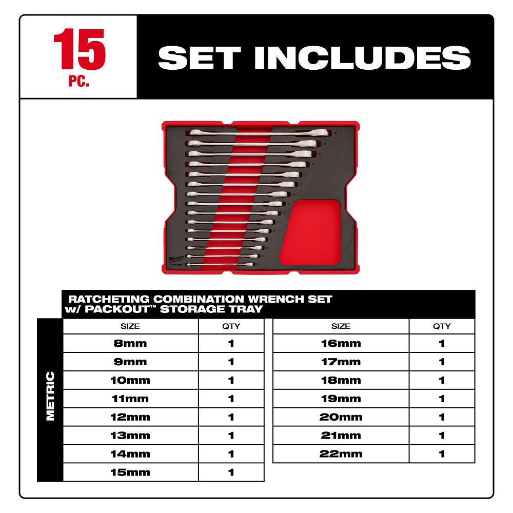 Milwaukee 48-22-0156 15pc. Metric Ratcheting Combination Wrench Set with Tray for PACKOUT™ Drawers