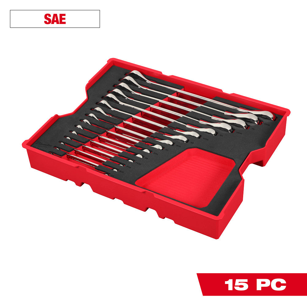 Milwaukee 48-22-0157 15pc. SAE Ratcheting Combination Wrench Set with Tray for PACKOUT™ Drawers