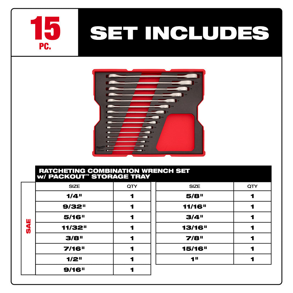 Milwaukee 48-22-0157 15pc. SAE Ratcheting Combination Wrench Set with Tray for PACKOUT™ Drawers