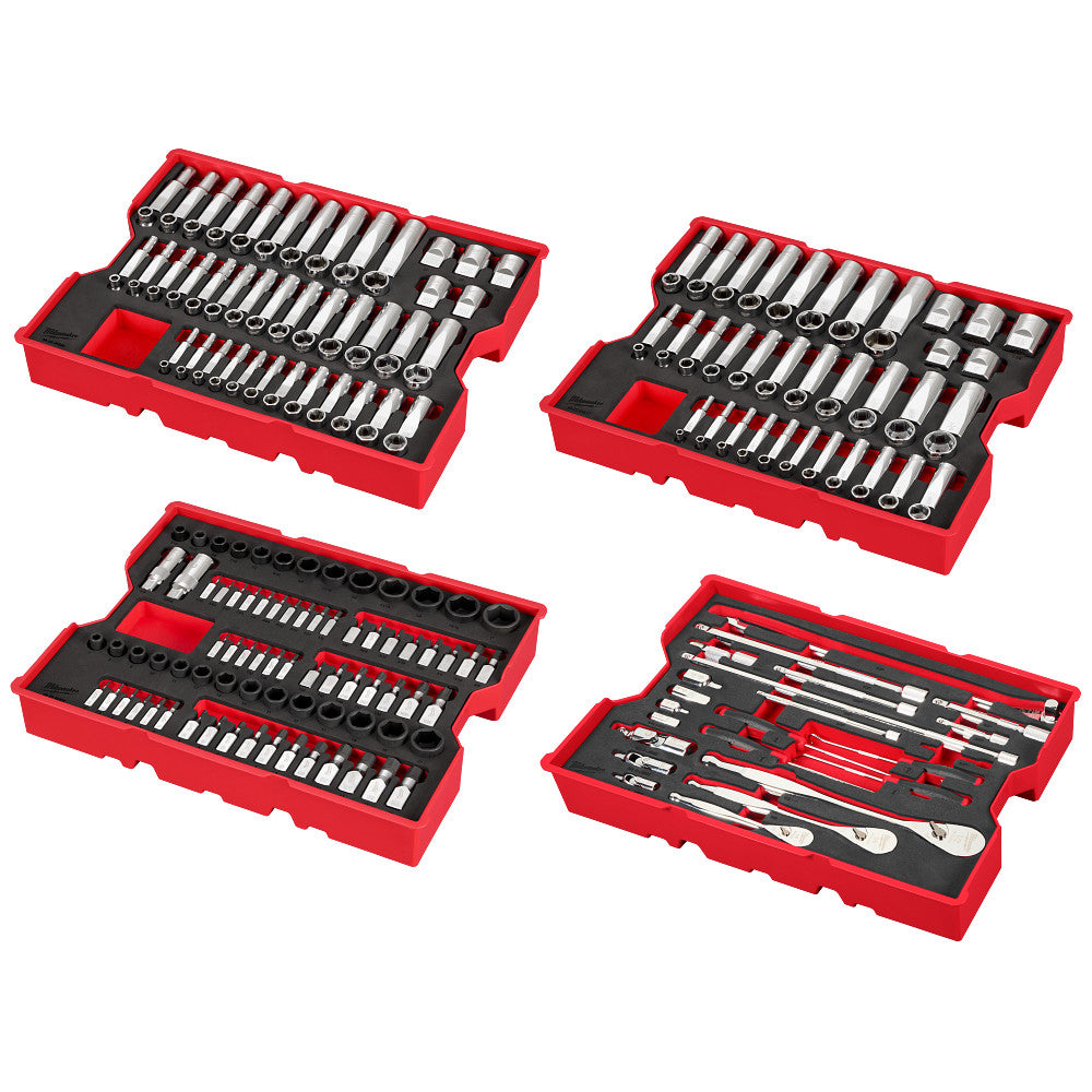 Milwaukee 48-22-9490 242pc. 1/4”, 3/8”, & 1/2” Drive Metric & SAE Ratchet & Socket Set with Trays for PACKOUT™ Drawers
