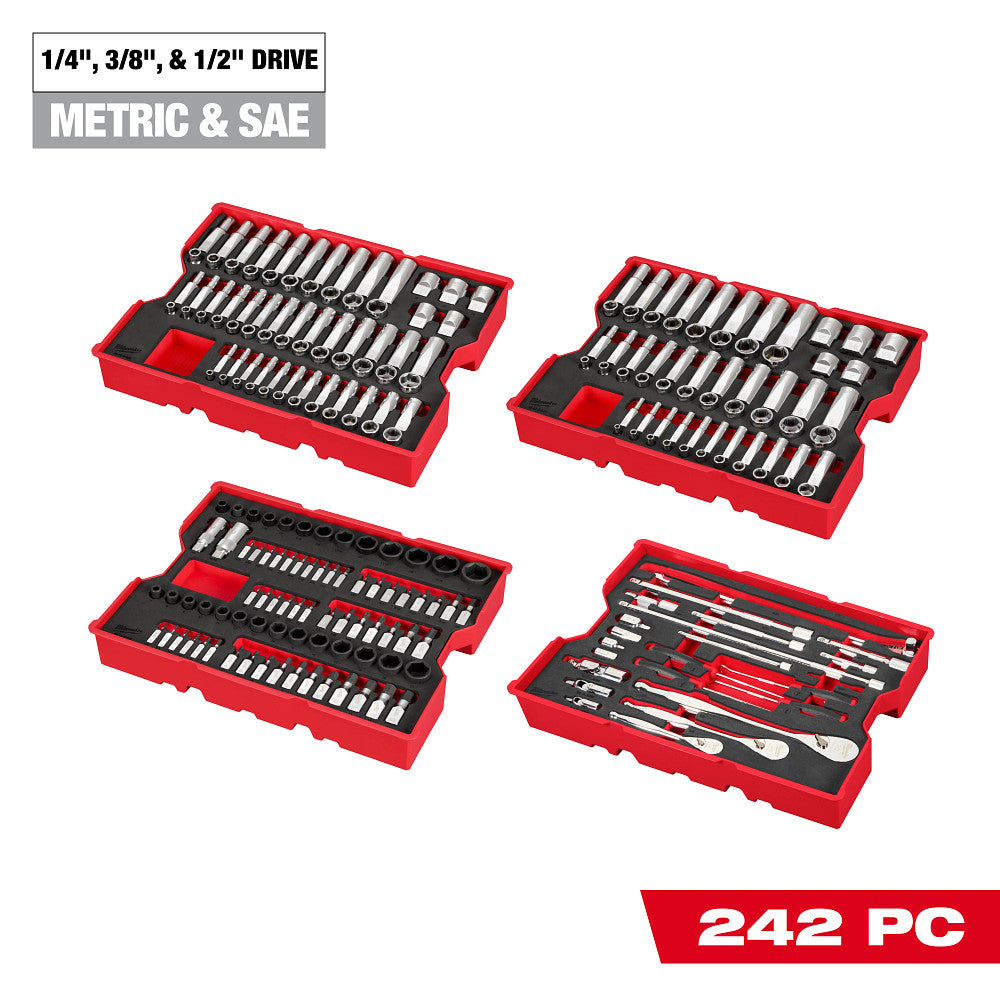 Milwaukee 48-22-9490 242pc. 1/4”, 3/8”, & 1/2” Drive Metric & SAE Ratchet & Socket Set with Trays for PACKOUT™ Drawers
