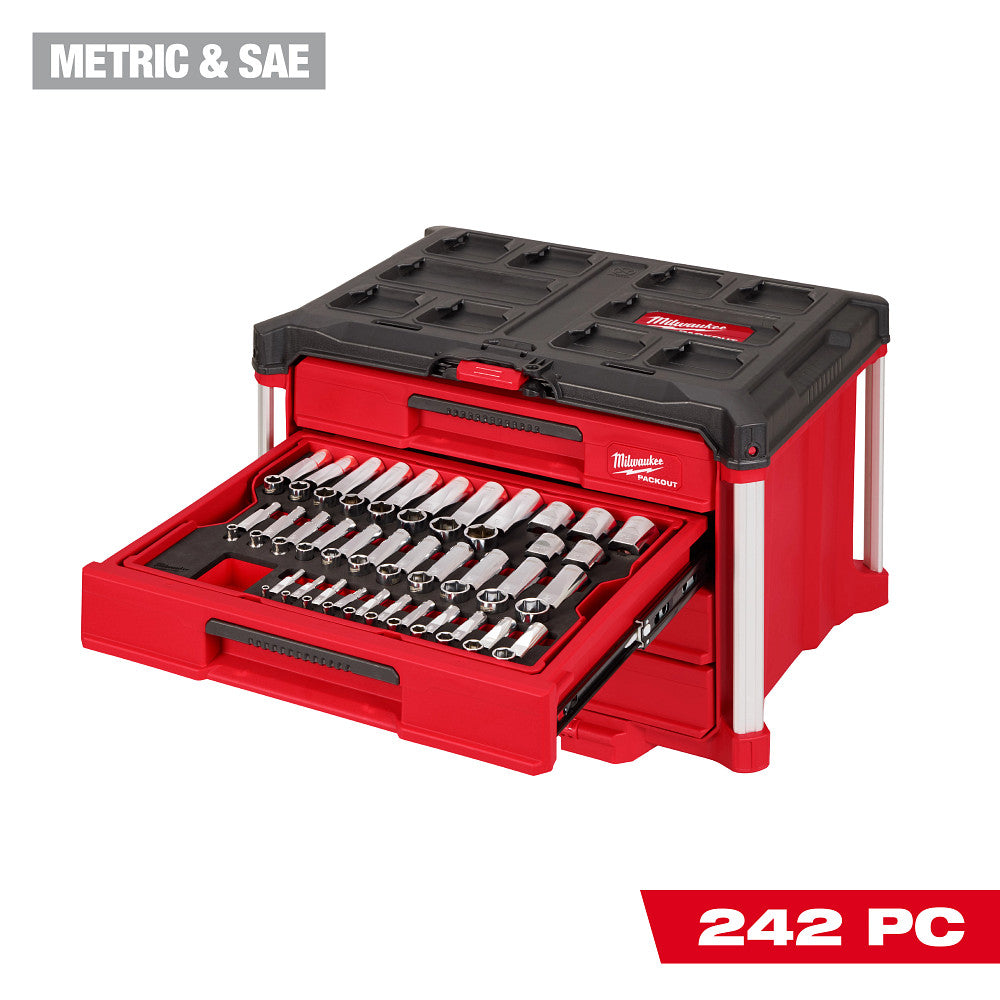 Milwaukee 48-22-9491 242pc. 1/4”, 3/8”, & 1/2” Drive Metric & SAE Ratchet & Socket Set with PACKOUT™ 4-Drawer Tool Box