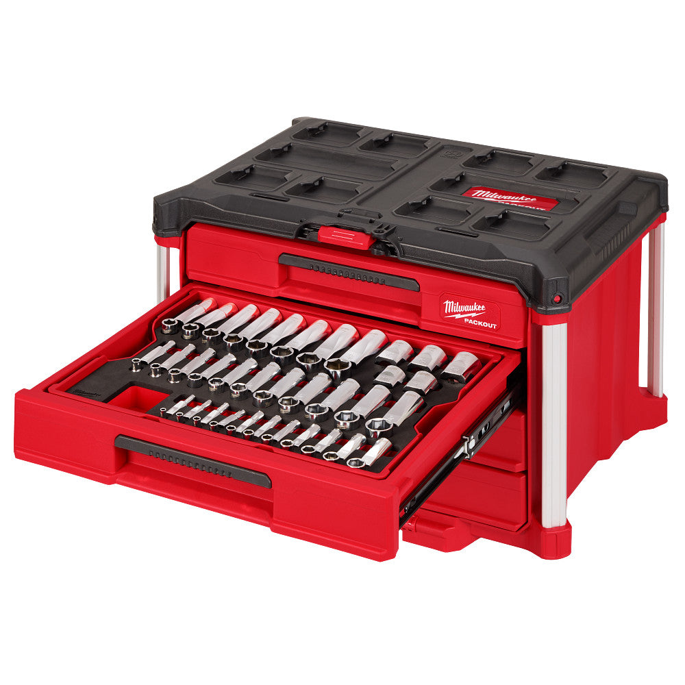 Milwaukee 48-22-9491 242pc. 1/4”, 3/8”, & 1/2” Drive Metric & SAE Ratchet & Socket Set with PACKOUT™ 4-Drawer Tool Box