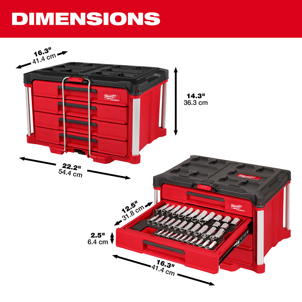 Milwaukee 48-22-9491 242pc. 1/4”, 3/8”, & 1/2” Drive Metric & SAE Ratchet & Socket Set with PACKOUT™ 4-Drawer Tool Box
