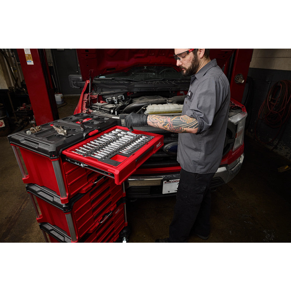Milwaukee 48-22-9491 242pc. 1/4”, 3/8”, & 1/2” Drive Metric & SAE Ratchet & Socket Set with PACKOUT™ 4-Drawer Tool Box