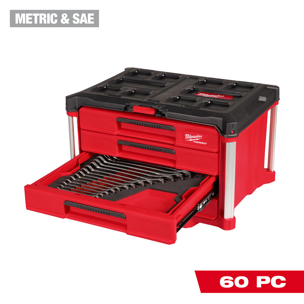 Milwaukee 48-22-9492 60pc. Metric & SAE Combination Wrench Set with PACKOUT™ 4 Drawer Tool Box