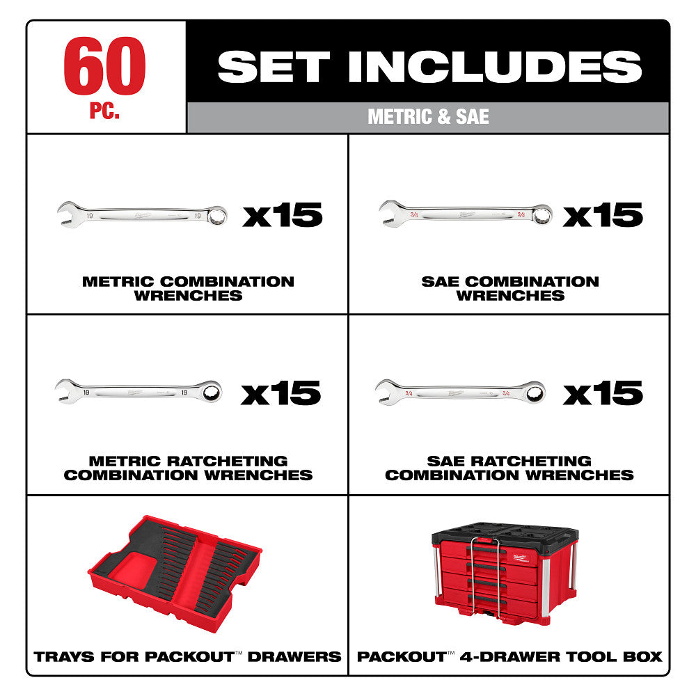 Milwaukee 48-22-9492 60pc. Metric & SAE Combination Wrench Set with PACKOUT™ 4 Drawer Tool Box