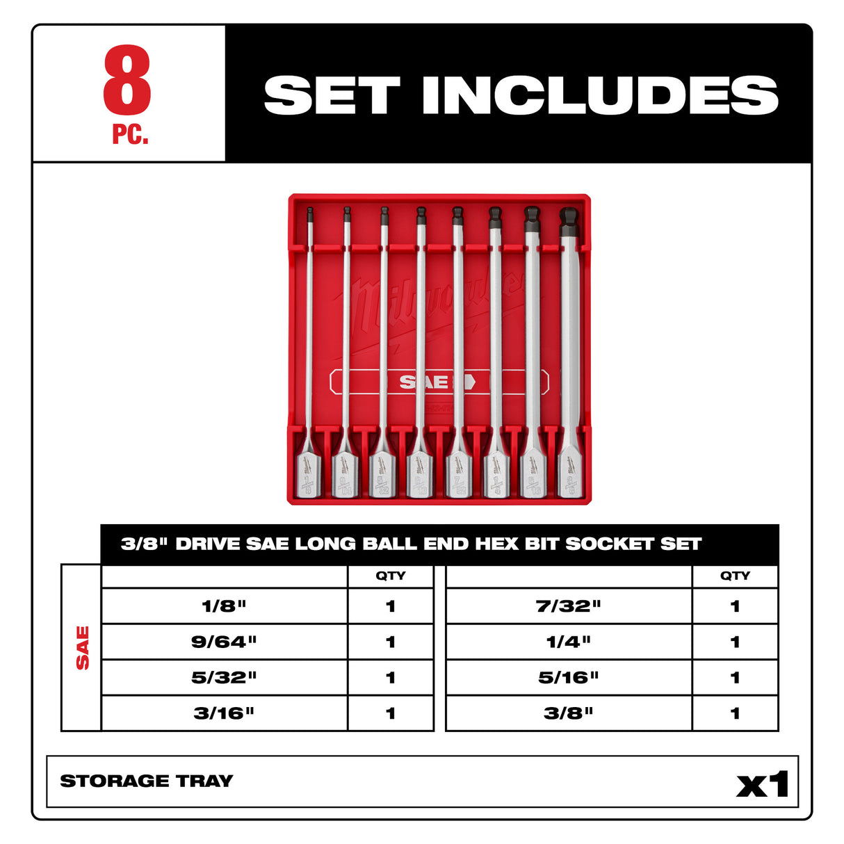 Milwaukee 48-22-9549 8pc 3/8" Drive Long Ball End Hex Bit Socket Set - SAE