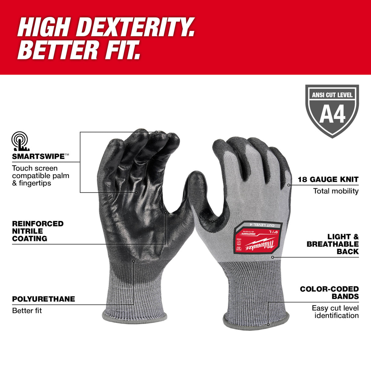 Milwaukee Cut Level 4 High-Dexterity Polyurethane Dipped Gloves LG