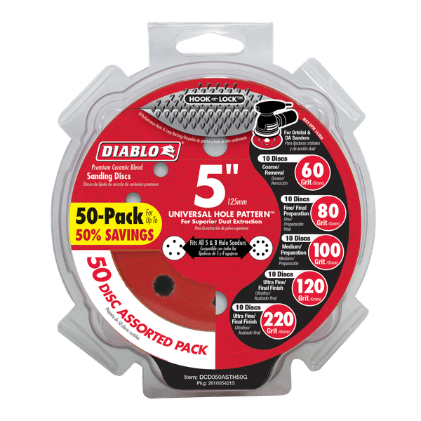 DIABLO DCD050ASTH50G 5" Assorted Hook & Lock™ ROS Sanding Discs (50-pc)
