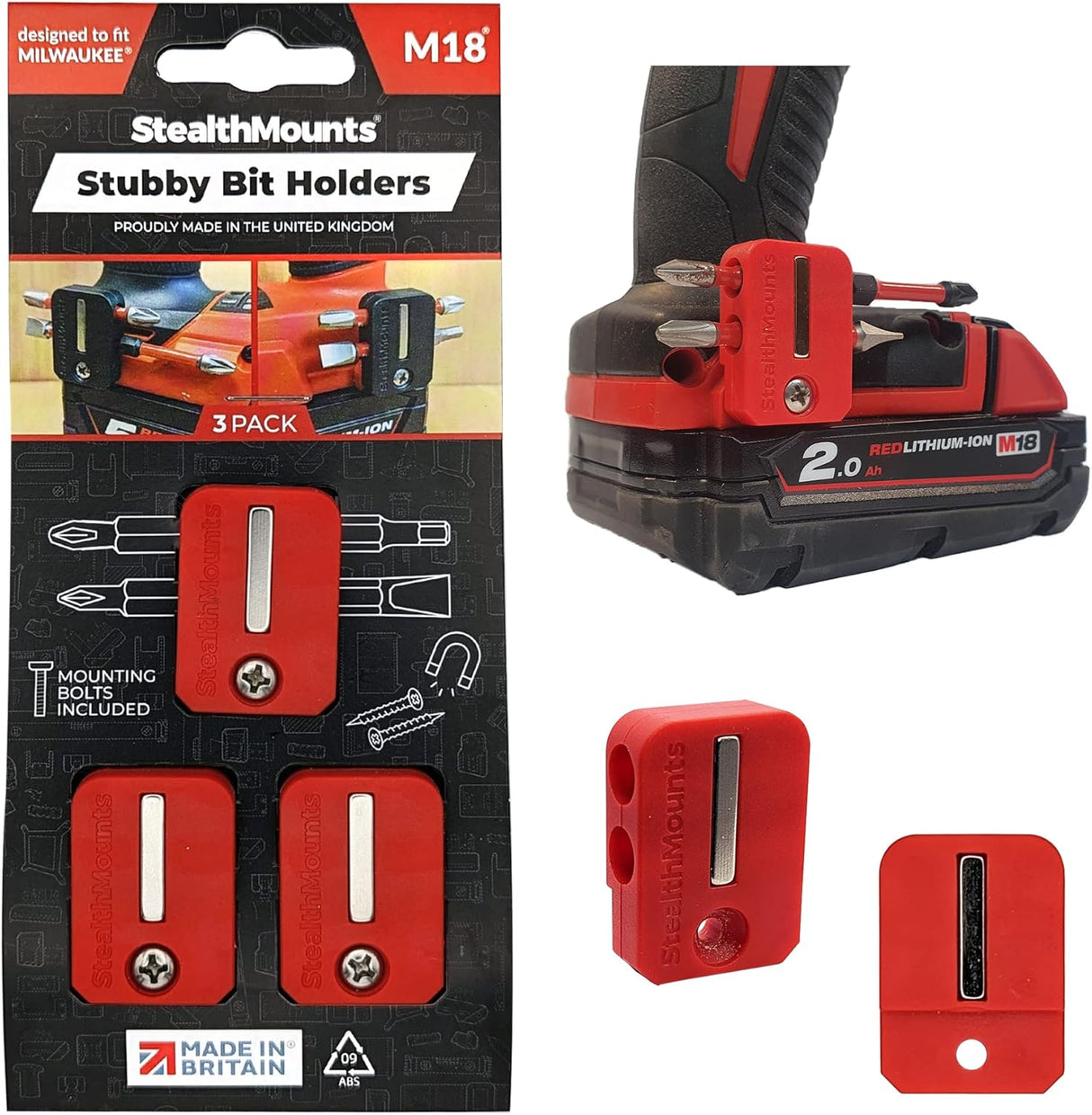 StealthMount BH-M18-S-RED Stubby Magnetic Bit Holder for Milwaukee M18 Tools (3 Pack) Red