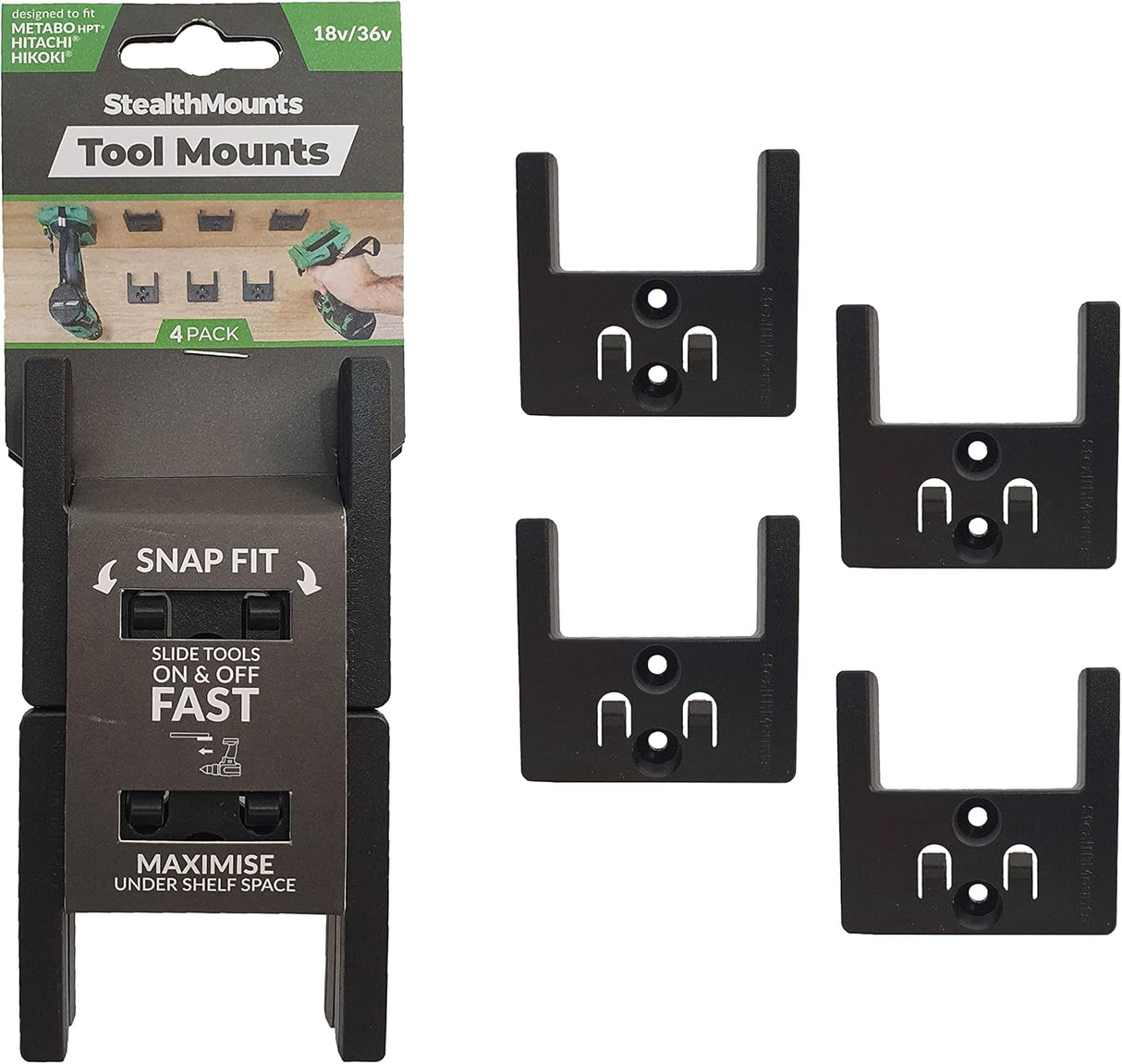 StealthMount TM-MHH18-BLK-4 Tool Mounts for Metabo HPT Hitachi, Hikoki 18v/36v (4 Pack) Black