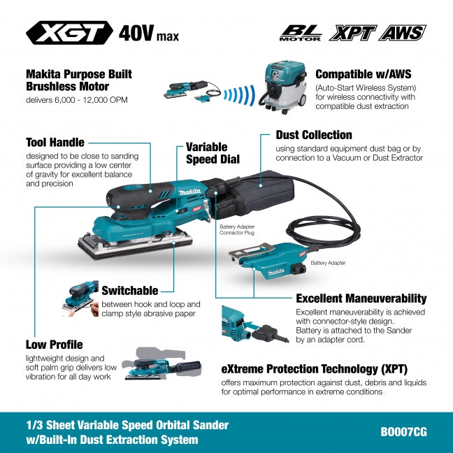 Makita BO007CGZ 40Vmax XGT Brushless 1/3 Sheet Orbital Sander w/AWS