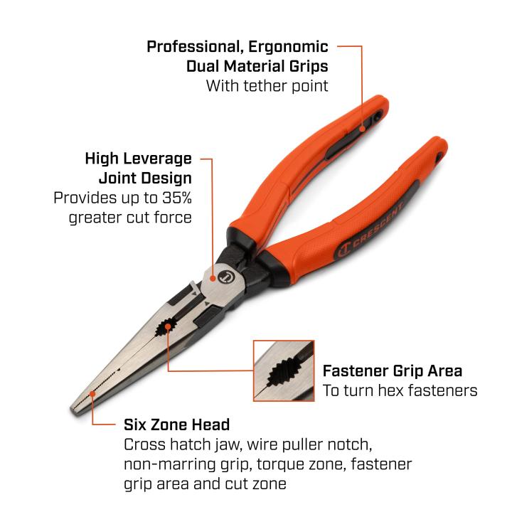 Crescent Z6548CGR-06 8" Z2 Long Nose Plier with Dual Material Grip Rawhide Handle