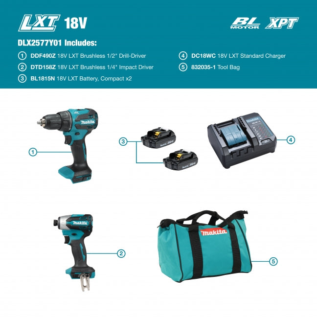 Makita DLX2577Y01 18V LXT Brushless 2 Tool Combo Kit