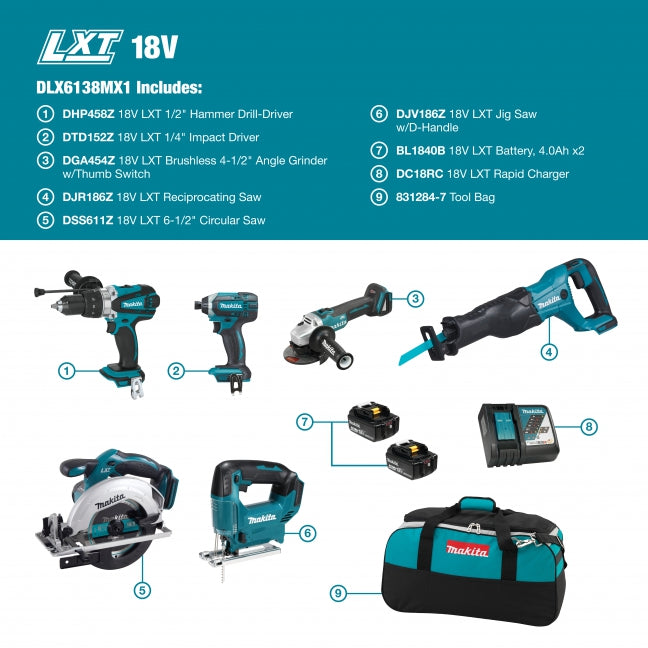 Makita DLX6138MX1 18V LXT 6 Tool Combo Kit