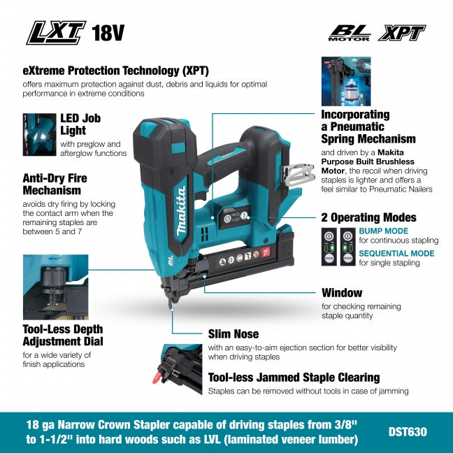 Makita DST630Z 18V LXT Brushless 1-1/2" 18 ga Narrow Crown Stapler - Tool Only