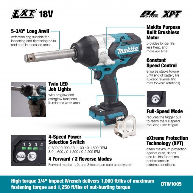 Makita DTW1005Z 18V LXT Brushless 3/4" Long Anvil High Torque Impact Wrench - Tool Only