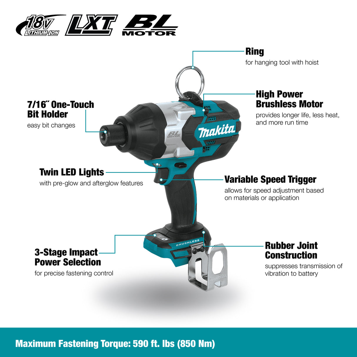 Makita DTW80OXVZ 18V LXT Brushless 7/16" Hex High Torque Impact Wrench, Tool Only